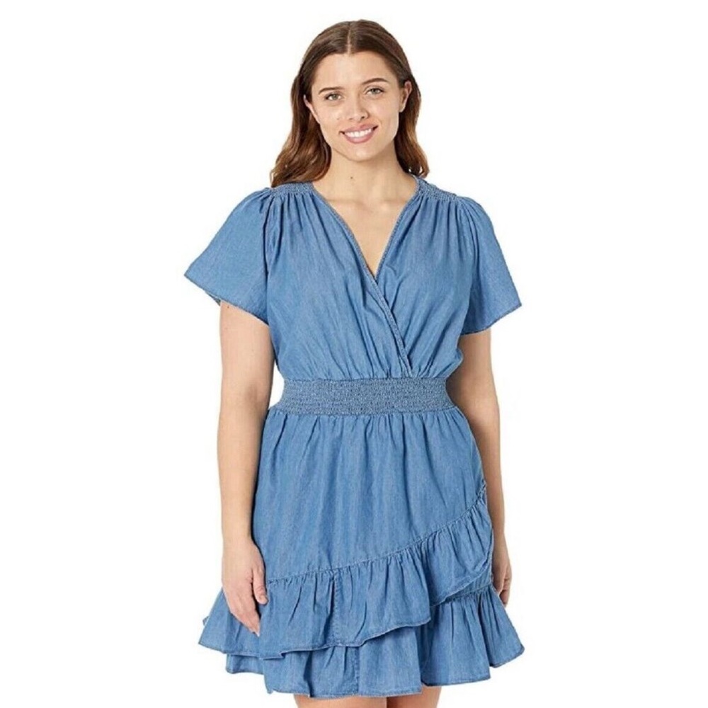 Michael Kors Dress Women 2X Blue Chambray Mini Ruffle Smock Stretch Resort
